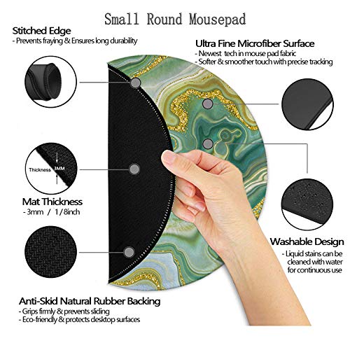 Premium Round Gaming Mouse Pad - Non-Slip Rubber Base with Stitched Edge (7.9x7.9 Inch) for PC, Laptop & Office Use - Green Marble Design for Enhanced Gaming & Work Setup