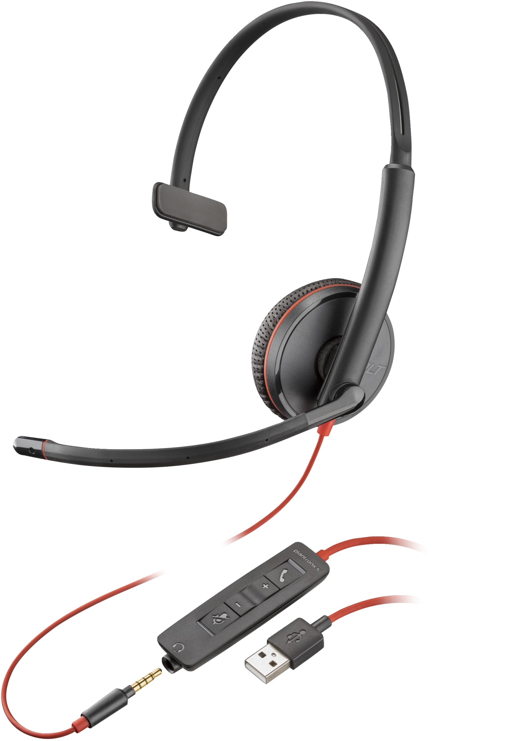 Plantronics Blackwire C3215 Mono USB-A & 3.5mm Wired Headset - Noise Cancelling Office Headphones with Microphone for Call Center, Remote Work & Business Communications (209746-101) Black