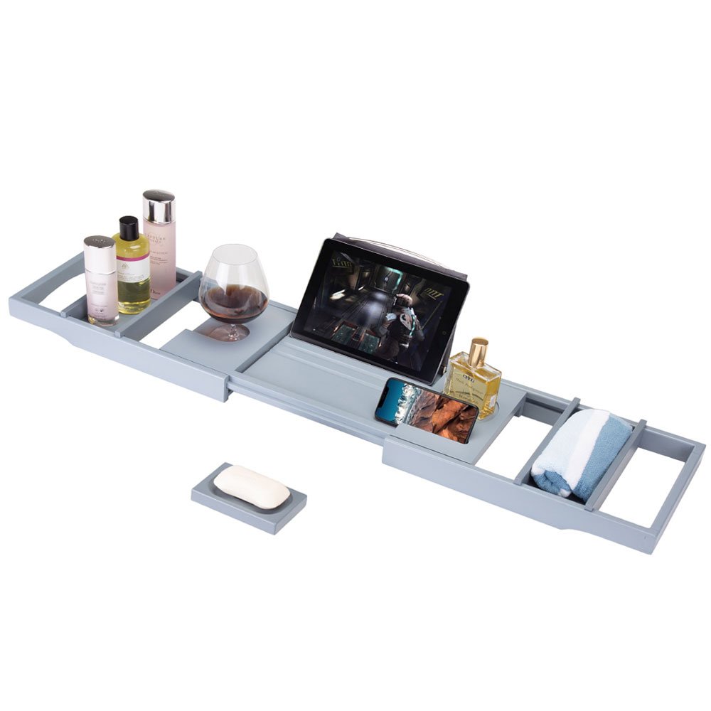 Premium Bamboo Bathtub Caddy Tray - Extendable Wooden Bath Shelf with Holder for Books, iPad, Kindle, Smartphone & Wine Glass - Gray - Perfect Relaxation Accessory for Spa Nights & Self-Care Moments