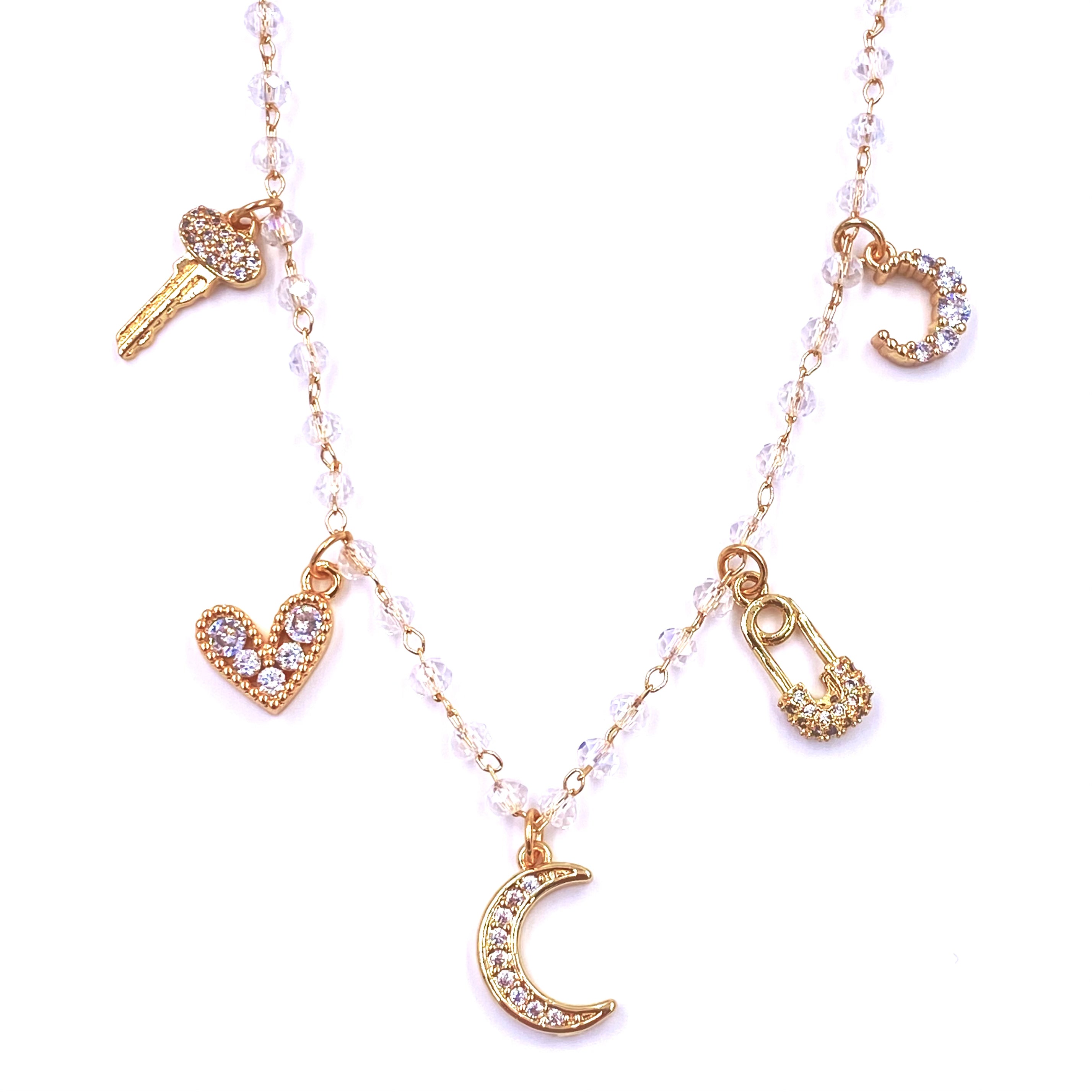 Ashley Gold Stainless Steel Gold Plated Half Beaded Chain Multi CZ Charm Necklace for Women - Elegant Layered Jewelry for Party, Wedding & Everyday Wear