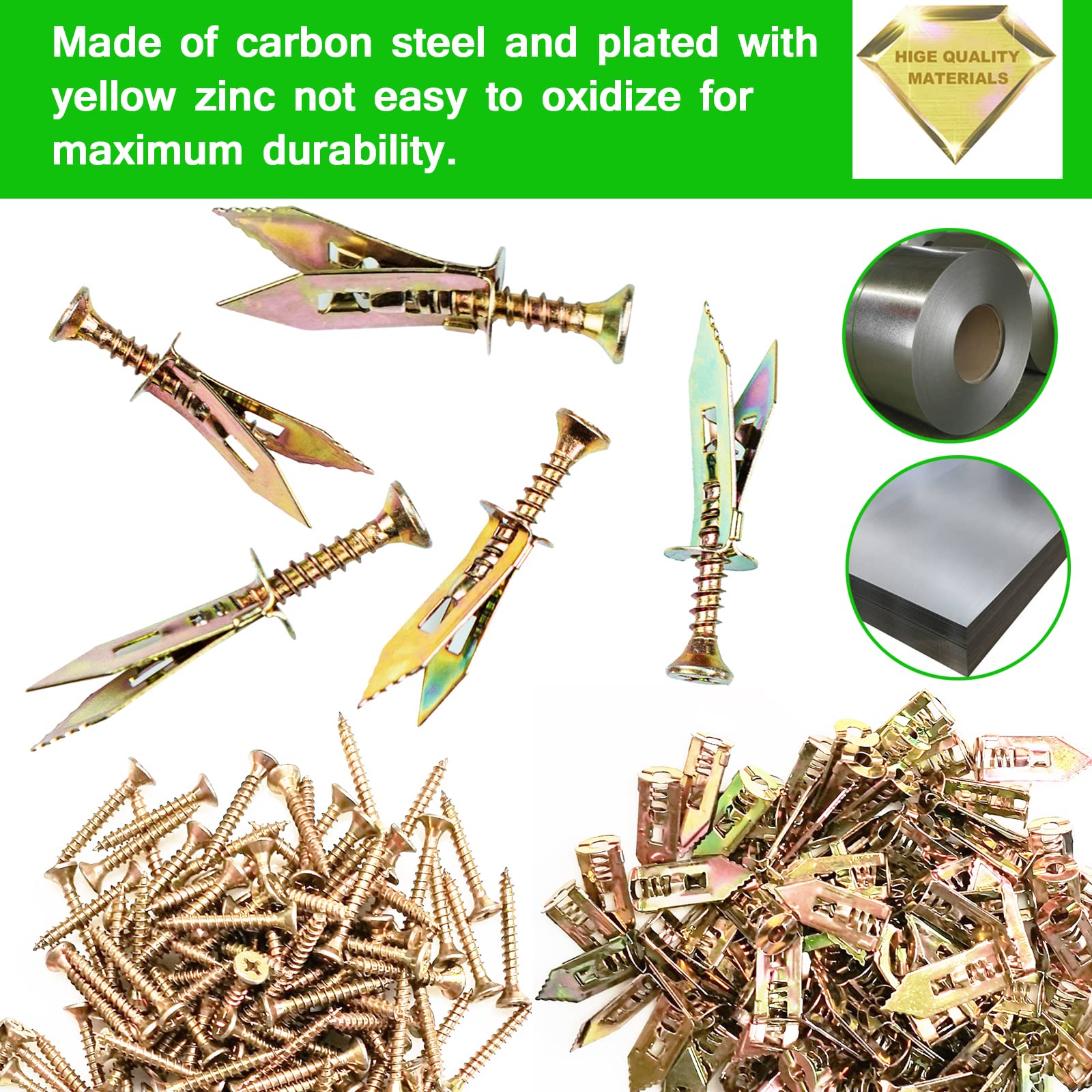 200 PCS Zinc Plated Steel Self-Drilling Drywall Anchors - No Drill Needed, Easy Installation (0.47X1.18inch) - Perfect for Hanging Pictures, Shelves & Home Decor - Includes 100 Anchors & 100 Zinc Screws
