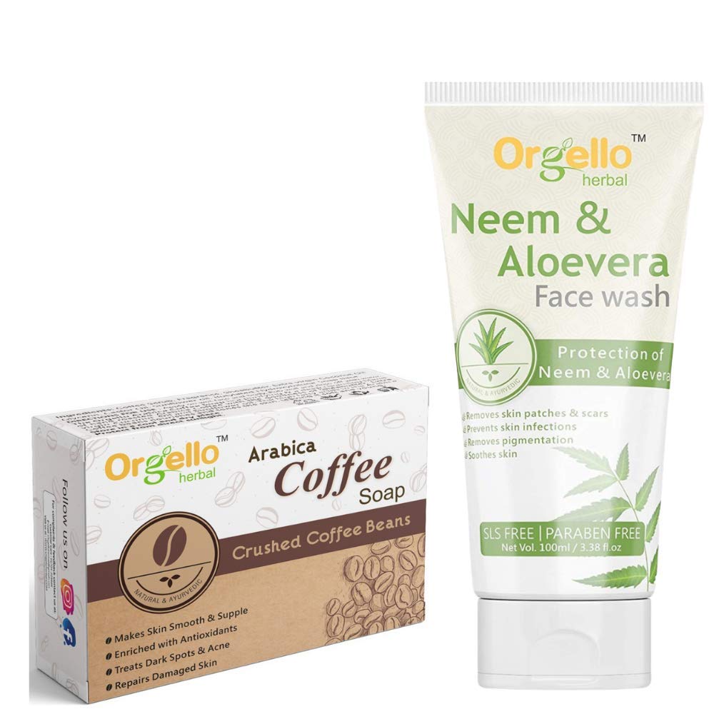 Orgello Herbal Arabica Coffee Body Soap & Neem Aloe Vera Face Wash Set - 100g + 100ml, SLS Paraben & Mineral Oil Free - For Men, Women, Girls & Boys with Normal, Oily or Dry Skin - Perfect for Morning Routine & Skincare Regimen