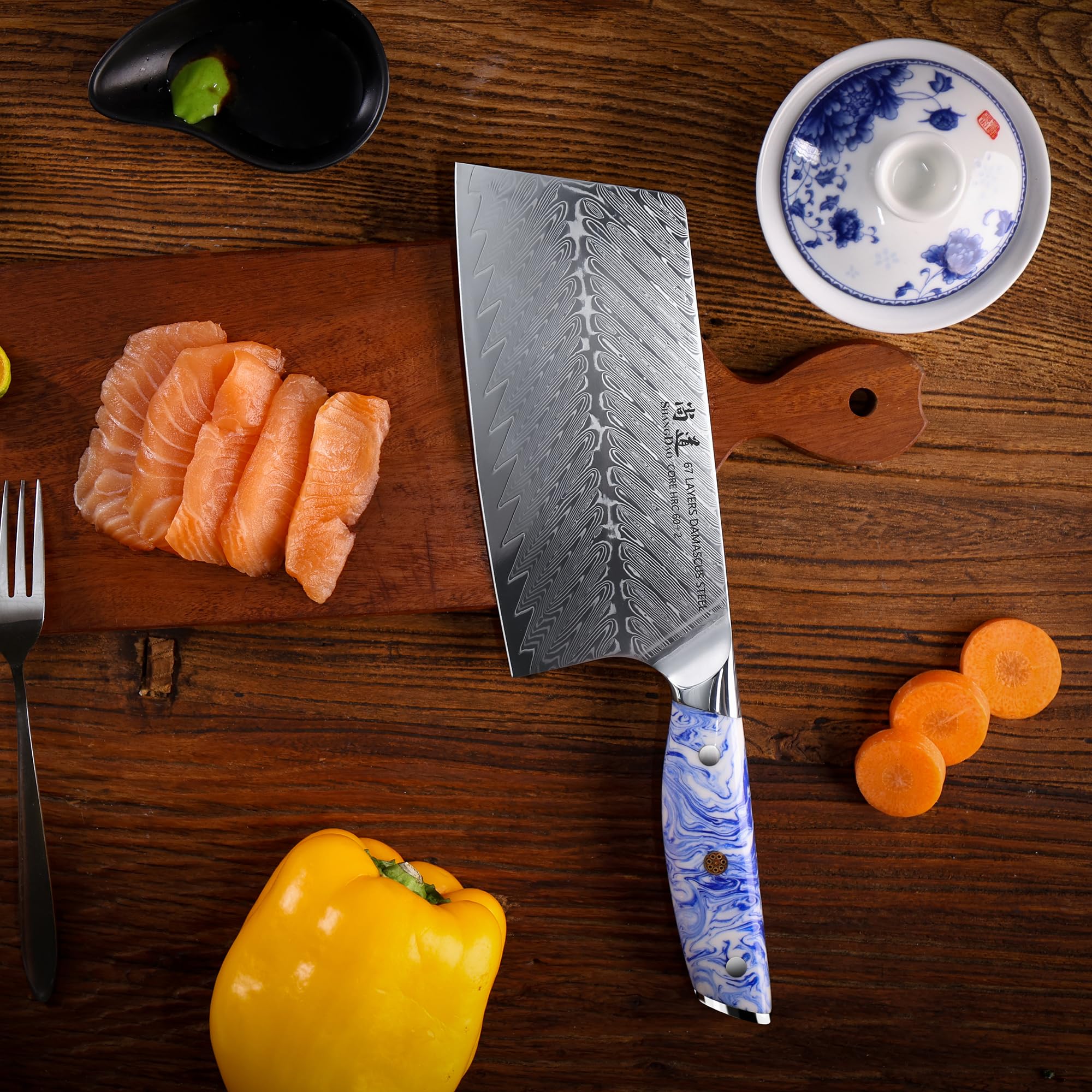 7 Inch Chinese Chef Knife - Professional Damascus Steel Cleaver for Chopping Vegetables & Meat - Forged Blue & White Resin Handle with Full Tang - Perfect for Home Kitchen, Restaurant & Butcher Use - HUA Series
