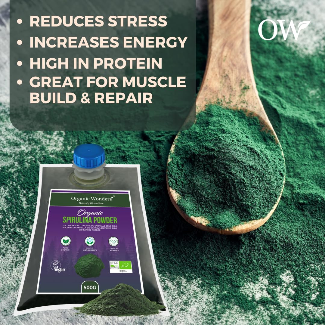 Organic Spirulina Powder - 200+ Servings | Natural Vegan Superfood for Detox & Immunity Support | High Protein Supplement for Smoothies, Juices & Baking | by Organic Wonders®