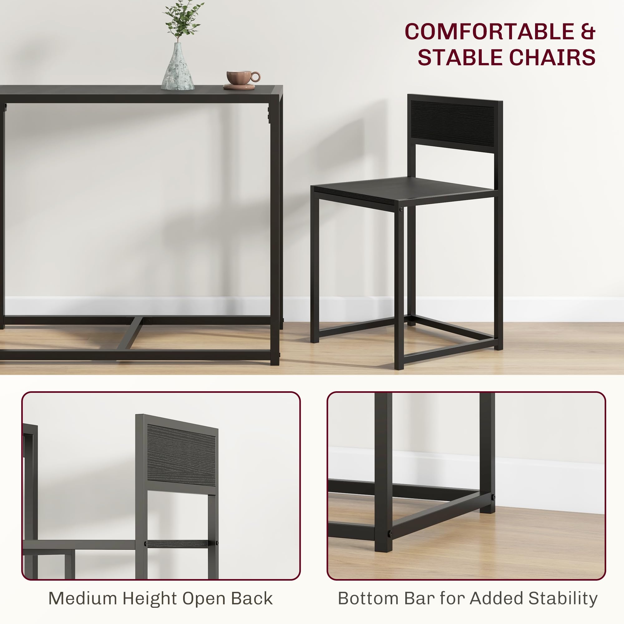 HOMCOM 3-Piece Industrial Dining Table Set for 2, Black Kitchen Table and Chairs, Small Space Dining Room Furniture for Apartments & Breakfast Nooks - Perfect for Compact Homes, Studios, and Cozy Meals