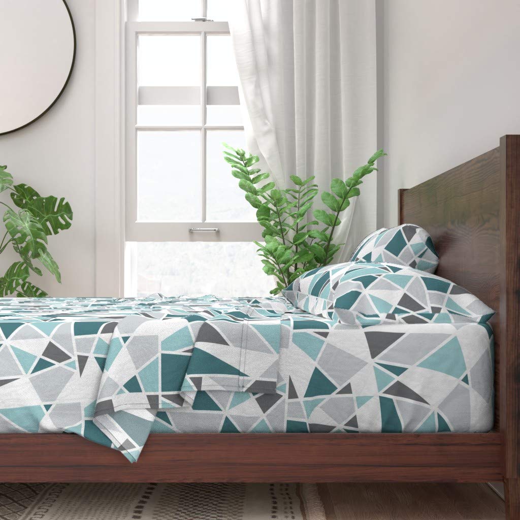100% Cotton Twin Sheet Set 3pc - Geometric Blues Winter Ice Minimalist Teal Turquoise Gray White Print Custom Bedding | Soft Breathable Bed Sheets for Cozy Winter Nights & Modern Home Decor