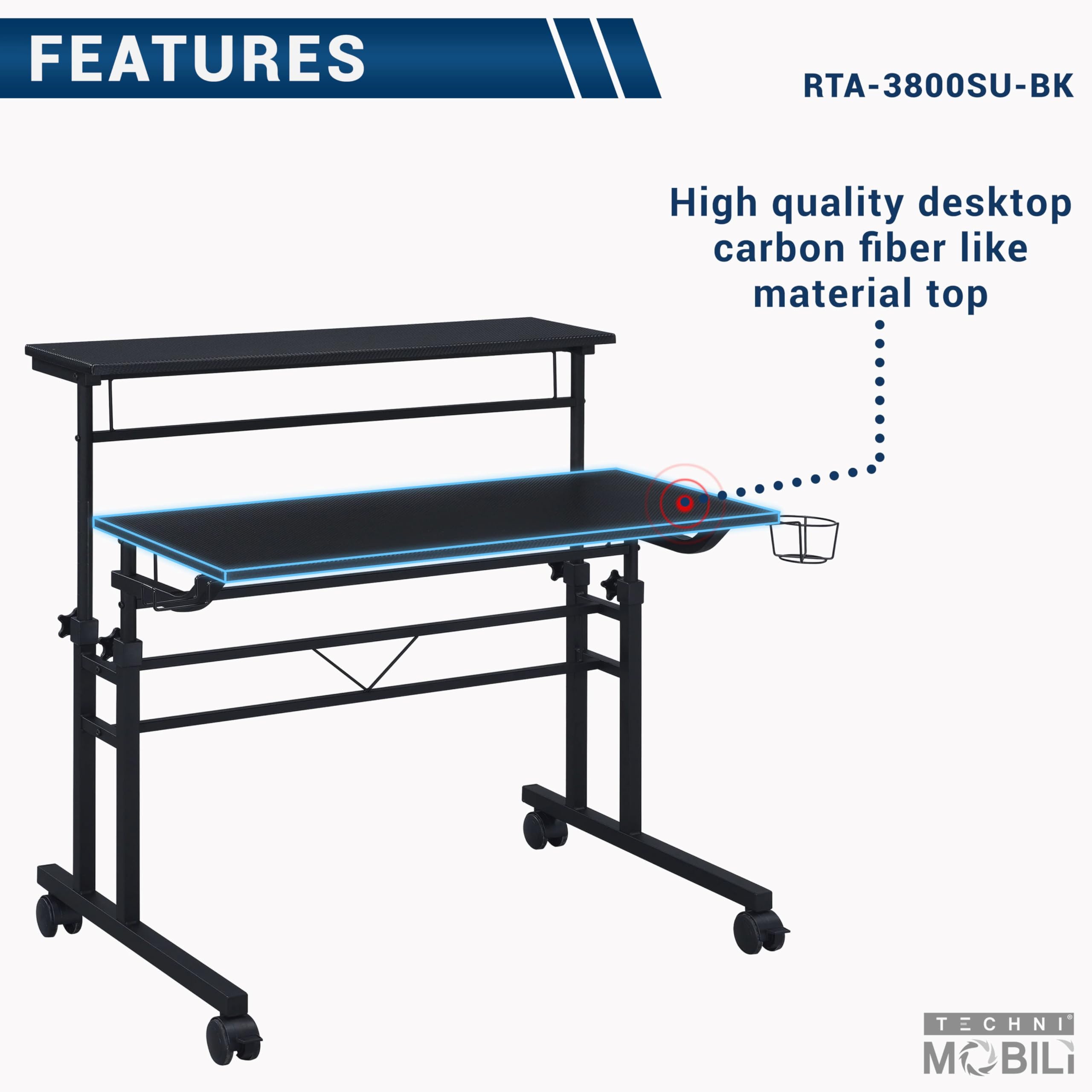 Techni Mobili Adjustable Height Rolling Standing Desk with Wheels - 2-Tier Mobile Office & Gaming Desk with Cup Holder - Black - Perfect for Home Office, Gaming Setup & Small Spaces