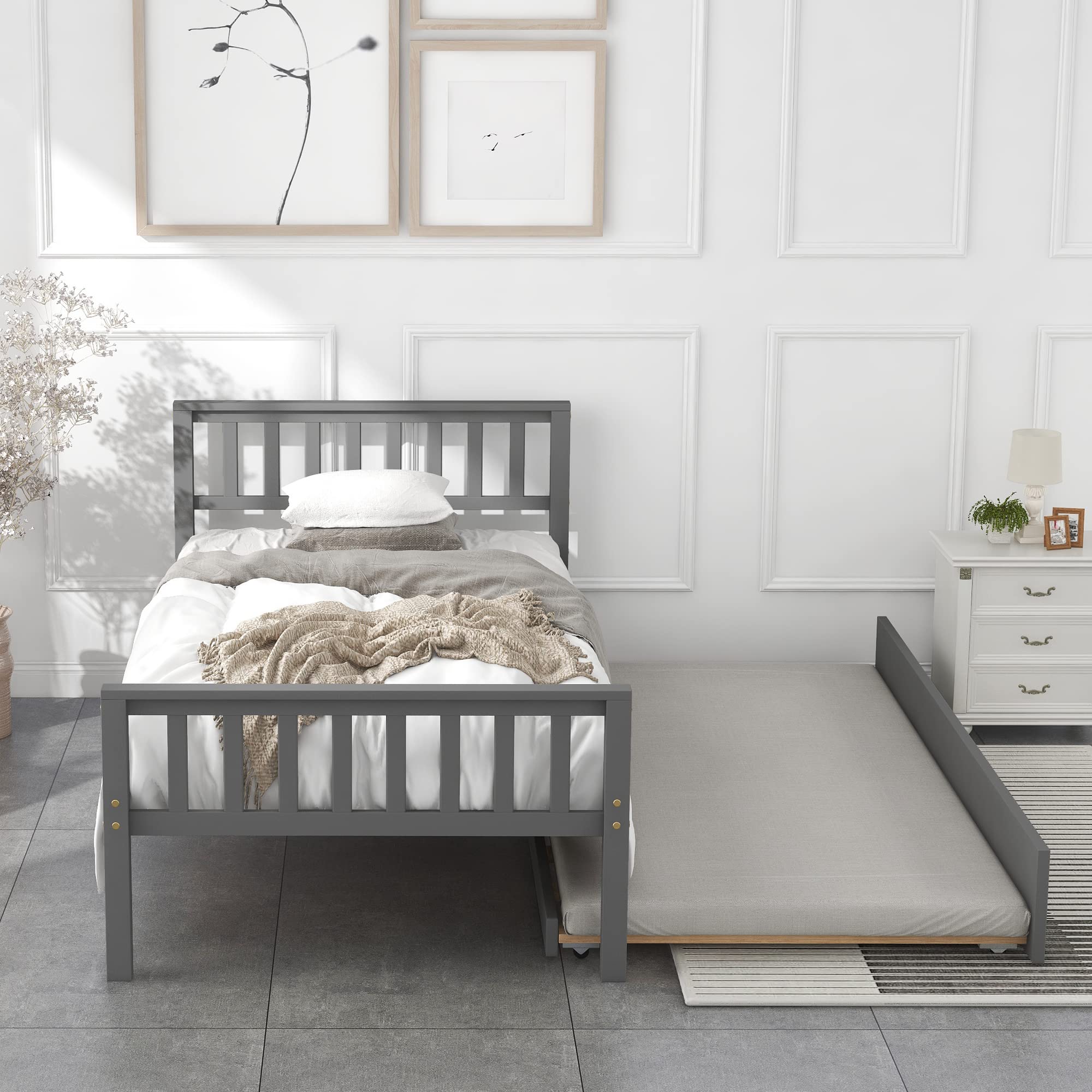 Twin Bed Frame with Trundle - Wooden Platform Bed with Pull Out Storage, Headboard & Footboard - Space Saving Design for Small Bedrooms & Guest Rooms - No Box Spring Needed - Grey Finish - Perfect for Kids Rooms, Dorms & Apartments