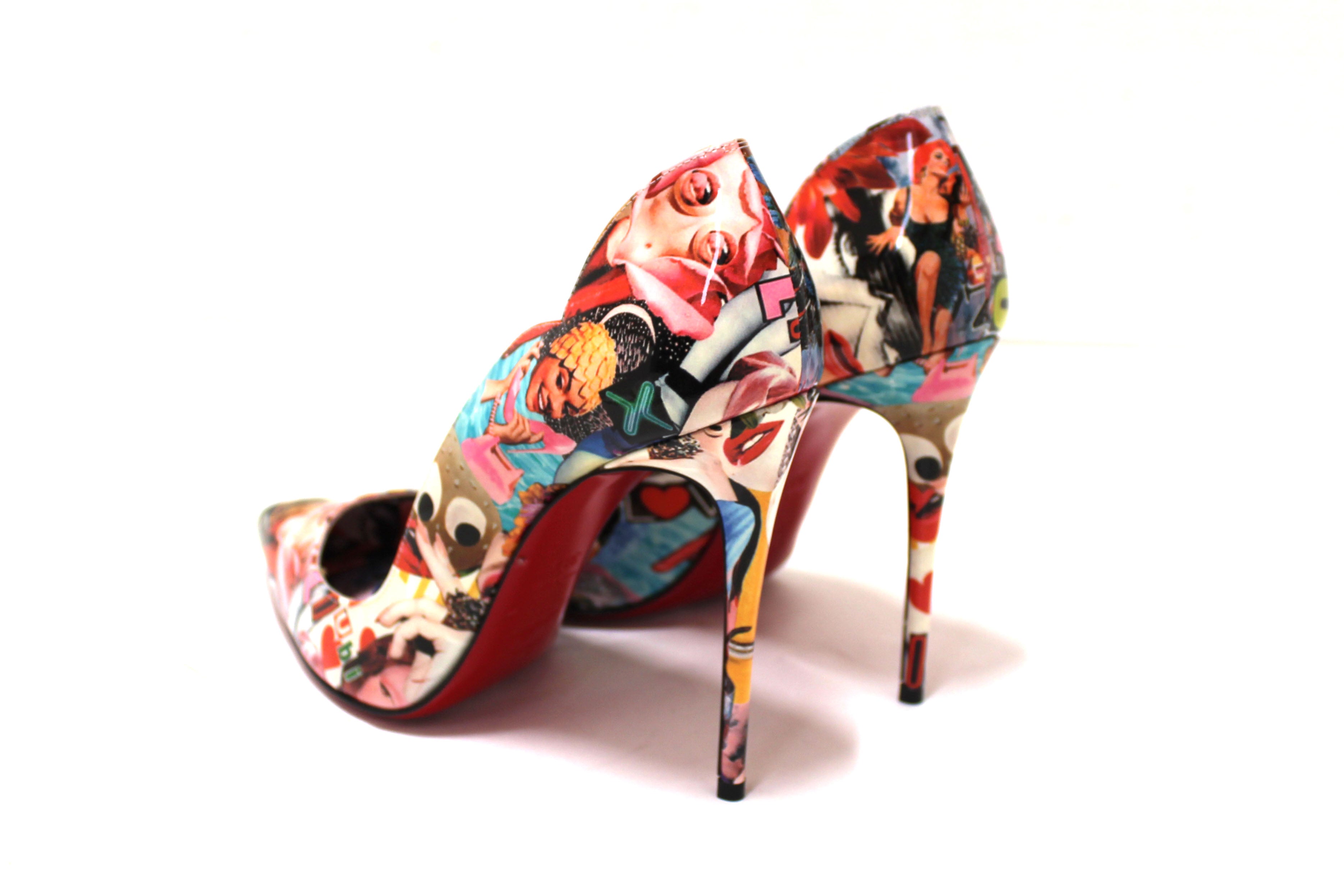 Authentic Christian Hot Chick Collage Print Patent Leather High Heel Pumps - Women's Size 38.5 (US 8) - Perfect for Parties, Date Nights & Special Occasions