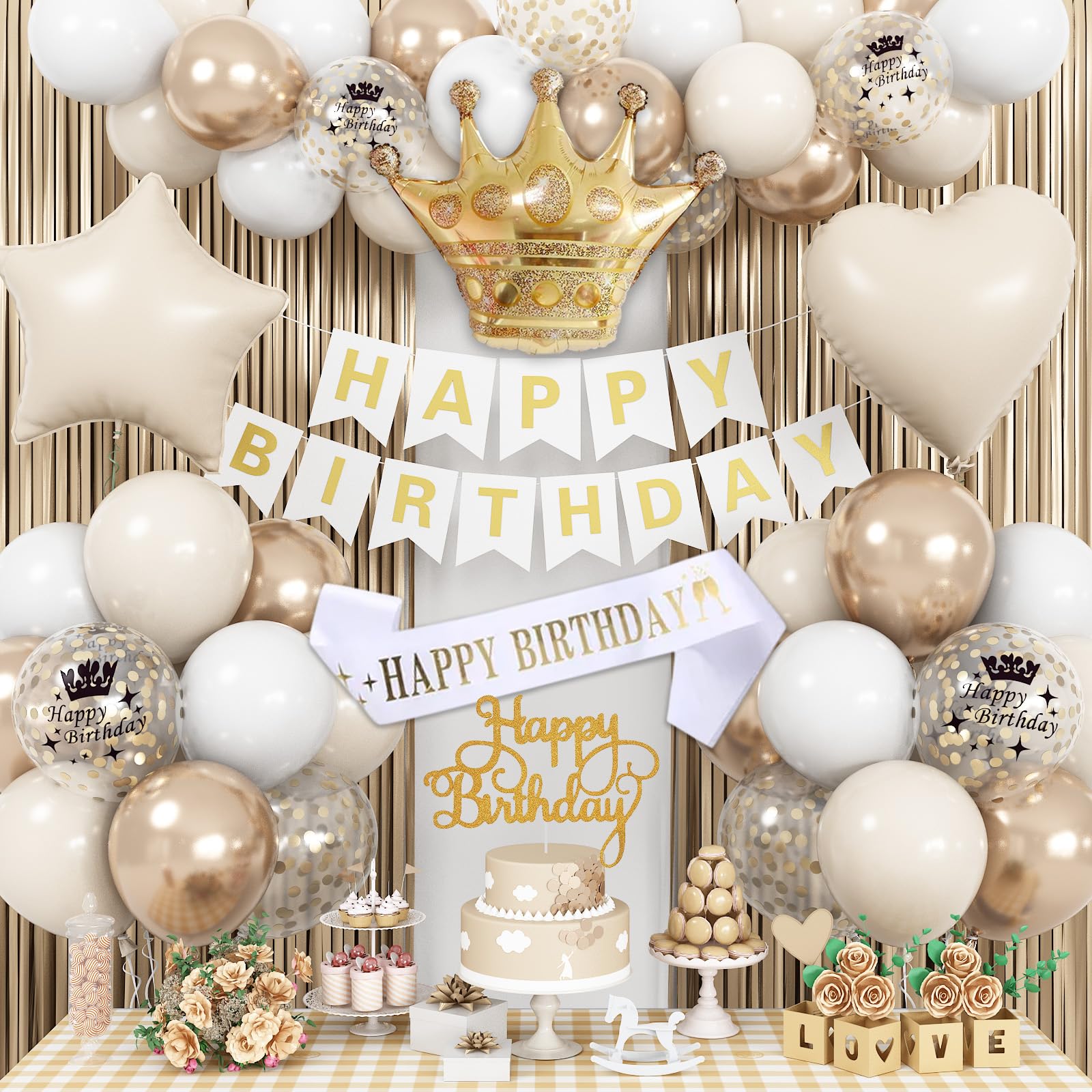 Elegant White & Gold Birthday Party Decorations Set - Cream Champagne Balloons, Banner, Foil Balloons & Fringe Curtain for Boho Theme Celebrations - Perfect for Baby Showers, Bridal Showers & Anniversary Parties