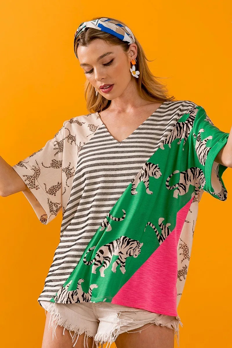 Bibi Tiger Women's Striped Contrast Color Block V-Neck T-Shirt - Casual Wear for Everyday Outfits, Work & Date Nights