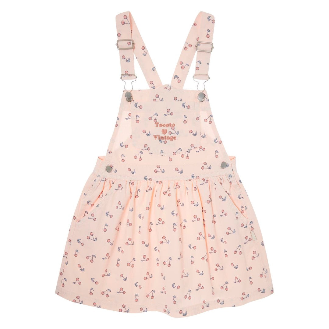Vintage Cherries Printed Twill Pinafore Dress - Pink A-Line Jumper for Women | Retro Cherry Print Apron Dress | Perfect for Tea Parties, Picnics & Cottagecore Outfits