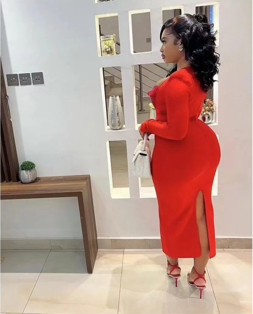 Sexy Black & Red Rhinestone Bodycon Bandage Dress for Women - Long Sleeve Square Neck Club Party Dress | Perfect for Nightclub, Cocktail Parties & Special Celebrations