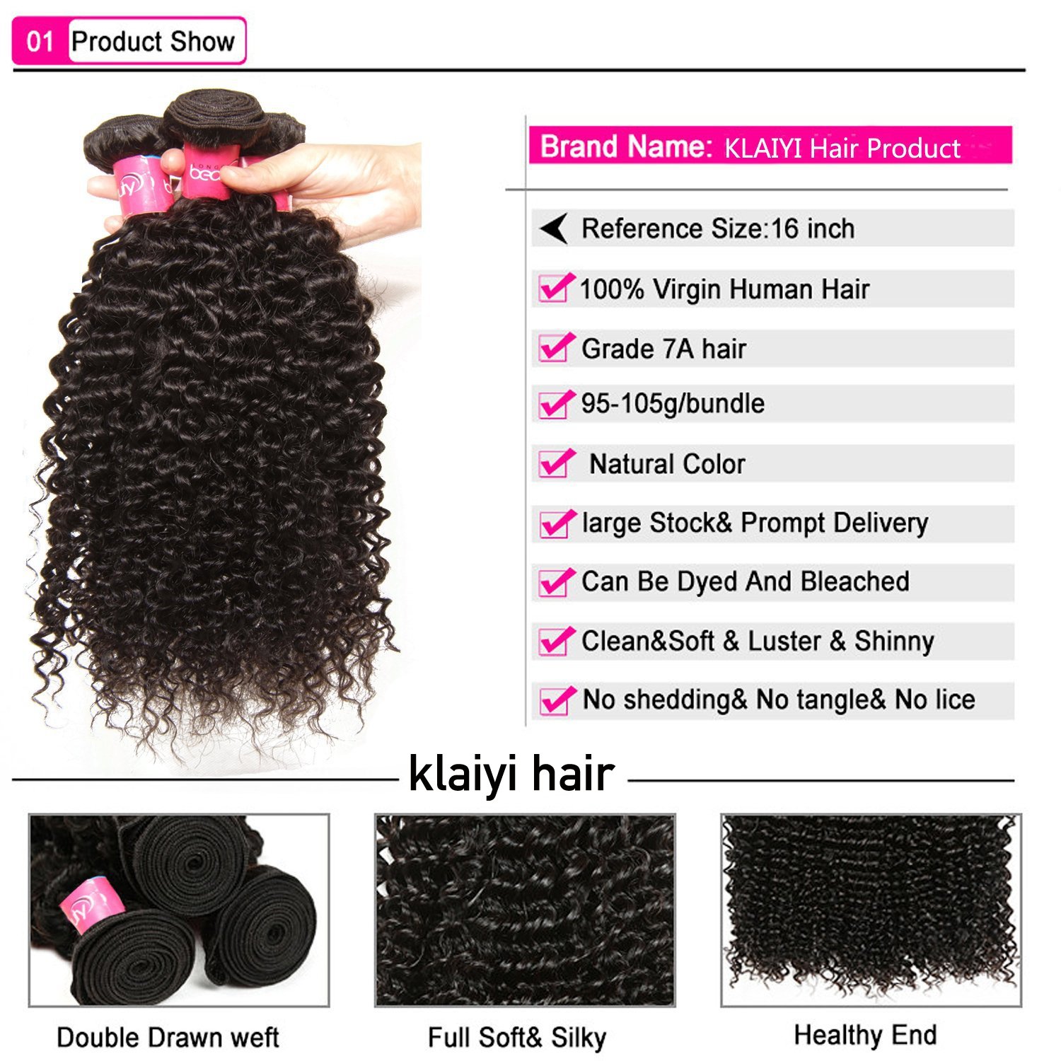 Klaiyi 10A Brazilian Curly Virgin Human Hair Extensions - 3 Bundles (12/14/16 Inch) Unprocessed Natural Color 95-100g/pc - Perfect for Daily Styling, Special Occasions & Salon Use