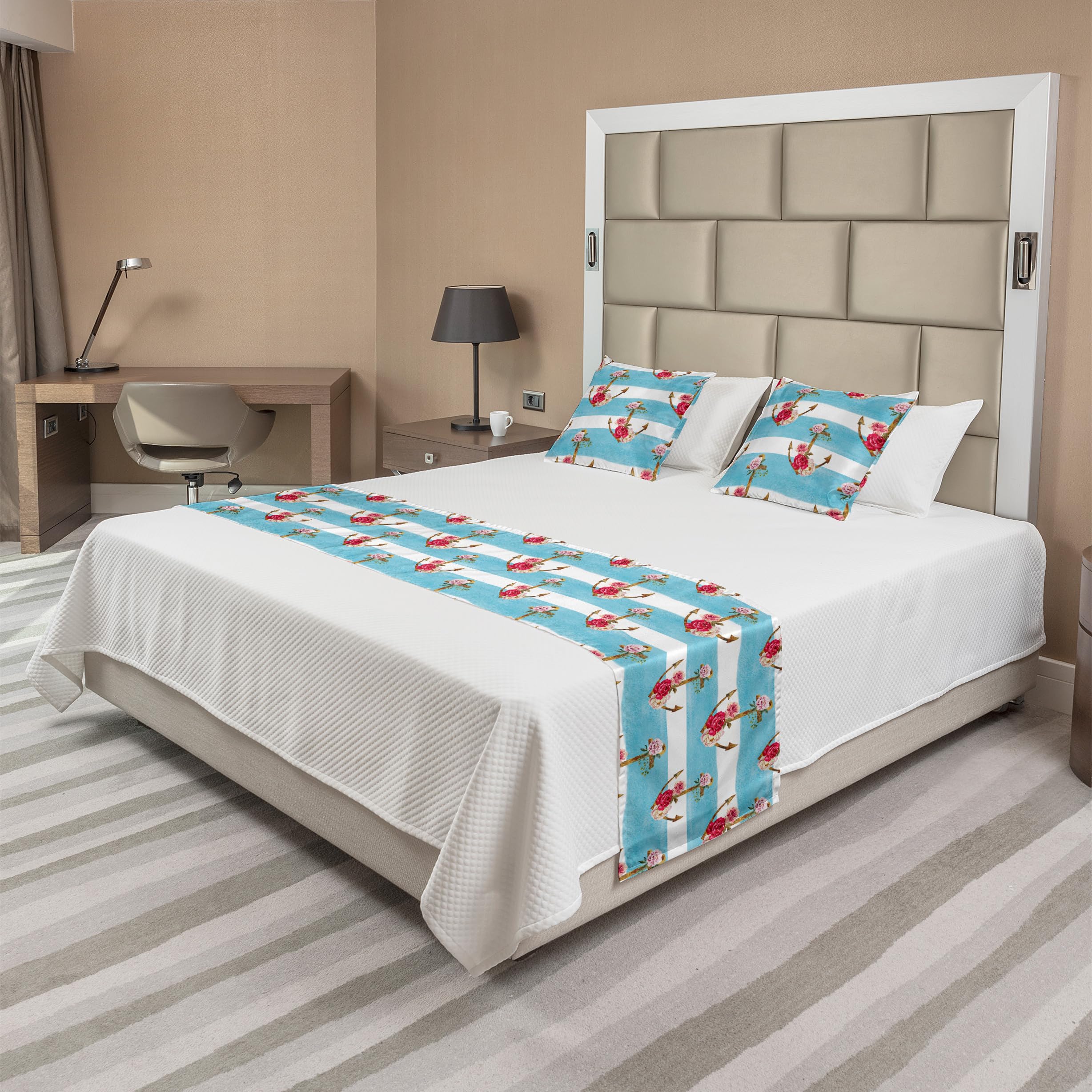Ambesonne Shabby Floral Bed Runner Set with Romantic Peonies & Roses Watercolor Design, Nautical Stripes - Decorative Bedding Scarf & 2 Pillow Shams for Hotels, Homes & Guest Rooms - Multicolor