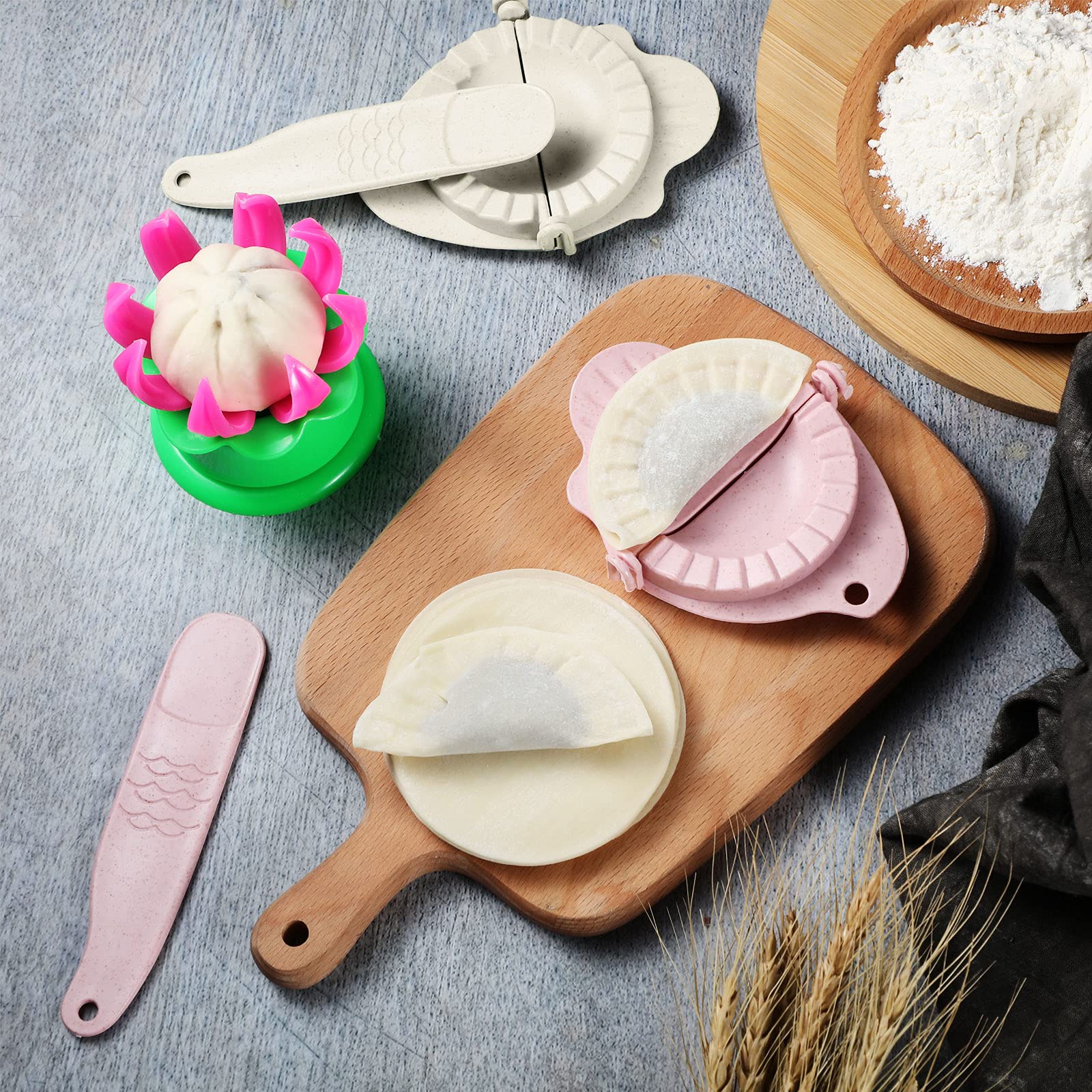 5-Piece Bun and Dumpling Maker Kit with Steam Mold & Filling Spoon - Cooking Tools for Kids to Learn Making Delicious Buns (Yellow, Pink, Beige) - Perfect for Family Cooking Activities and Asian Cuisine DIY