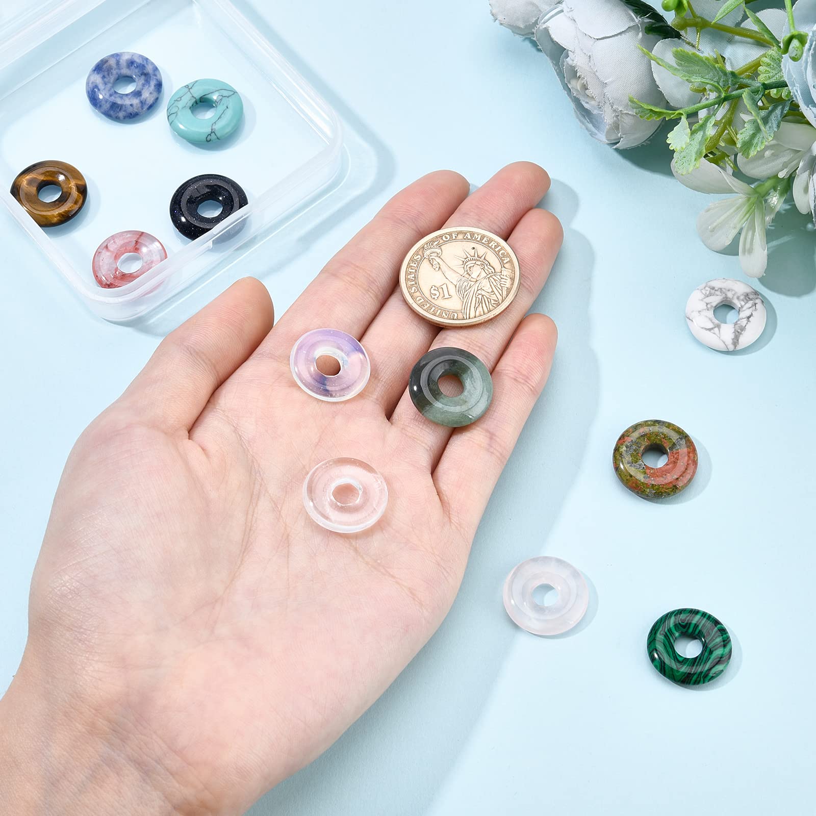 BENECREAT 12 Colors Natural Stone Donut Pendants - 18x4.5mm Flat Round Gemstone Beads with 5.5mm Hole for DIY Jewelry Making, Necklaces, Bracelets & Craft Projects - Perfect for Boho, Hippie & Handmade Jewelry Designs