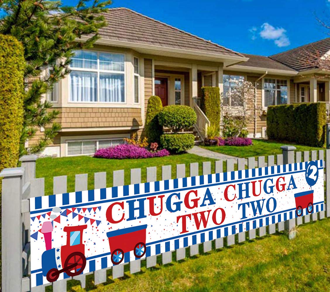Chugga Chugga Two Two Happy Birthday Banner - Large 9.8x1.6 ft Train-Themed 2nd Birthday Party Decorations for Boys & Girls - Perfect for Birthday Parties, Baby Showers & Photo Backdrops