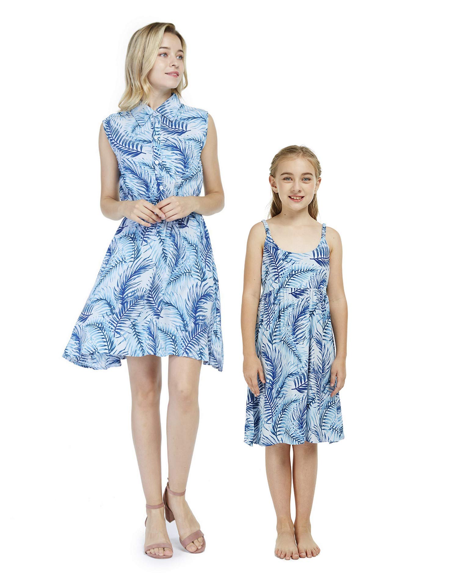 Hawaiian Luau Matching Mother Daughter Shirt Dresses - Simply Blue Leaf Print - Perfect for Family Vacations, Beach Parties & Summer Outfits