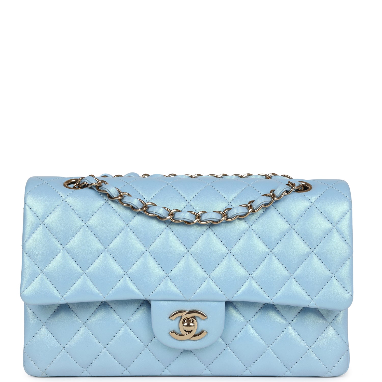 Chanel Medium Classic Double Flap Bag in Blue Iridescent Calfskin with Gold Hardware - Luxury Designer Handbag for Women, Perfect for Evening Events & Special Occasions