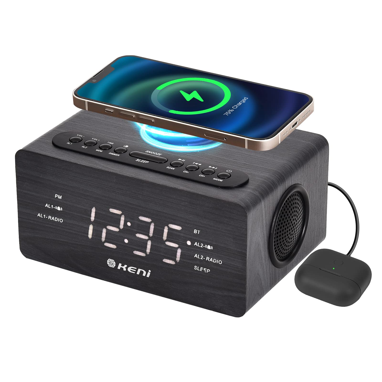 G Keni Wooden Dual Alarm Clock with 10W Fast Wireless Charging Dock - Auto Time Setting, Bluetooth, FM Radio, USB Port | Smart Bedside Alarm Clock for Bedroom, Office Desk & Nightstand - Perfect for Charging Phones, Playing Music & Waking Up Gently