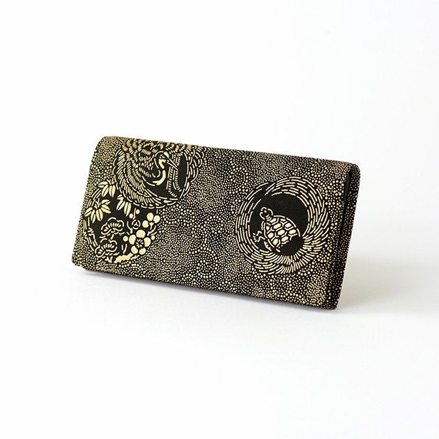 Premium Japanese Deerskin Leather Long Wallet with Urushi Lacquer - Crane & Turtle Design in Gray Black - Handmade in Japan - Perfect for Gifts & Luxury Everyday Use