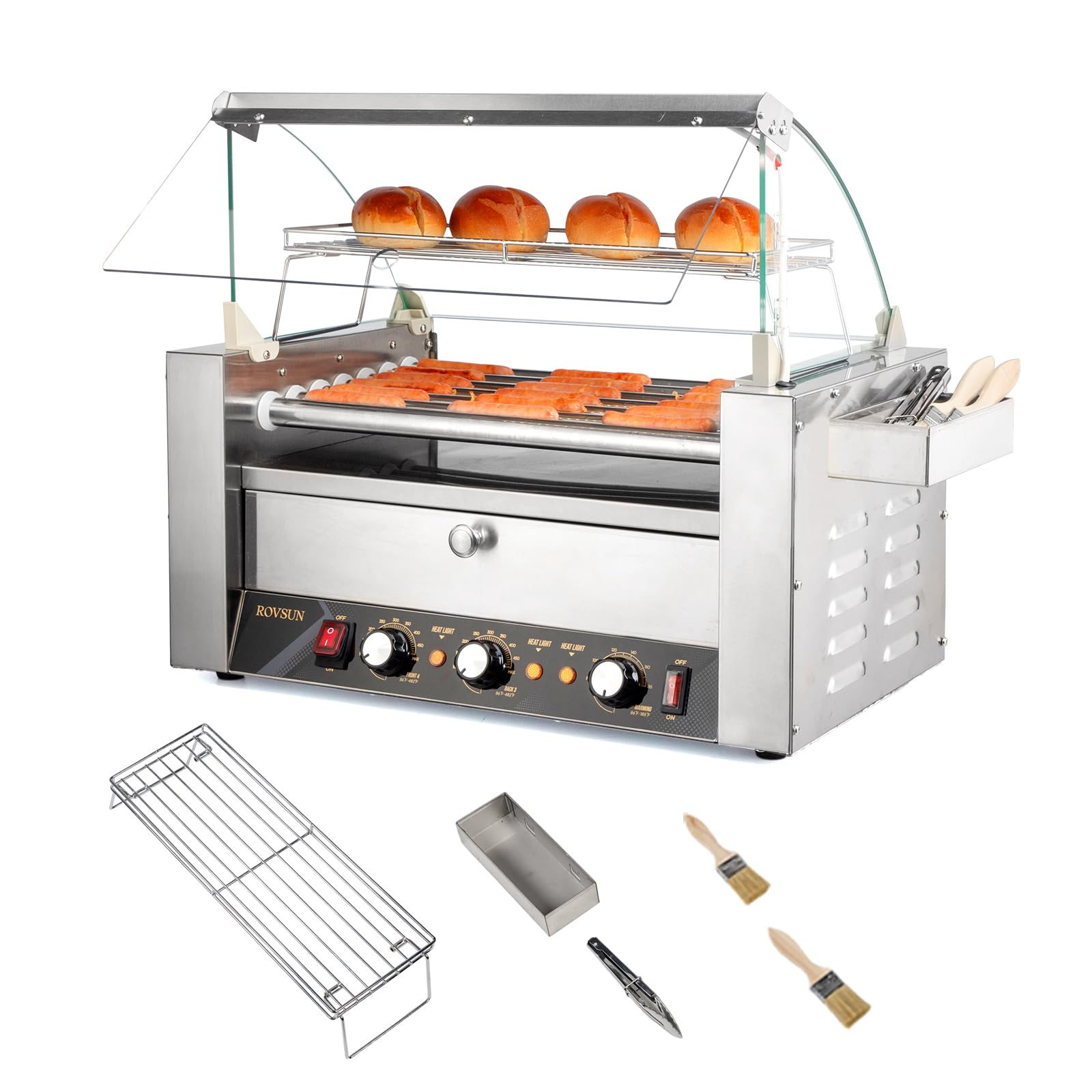 ROVSUN 7-Roller Hot Dog Roller Grill Machine with Bun Warmer - ETL Certified Commercial & Home Use, 1200W, Dual Temp Control, LED Display, Removable Shelf & Drip Tray - Perfect for Parties, Carnivals, Food Trucks & Restaurants