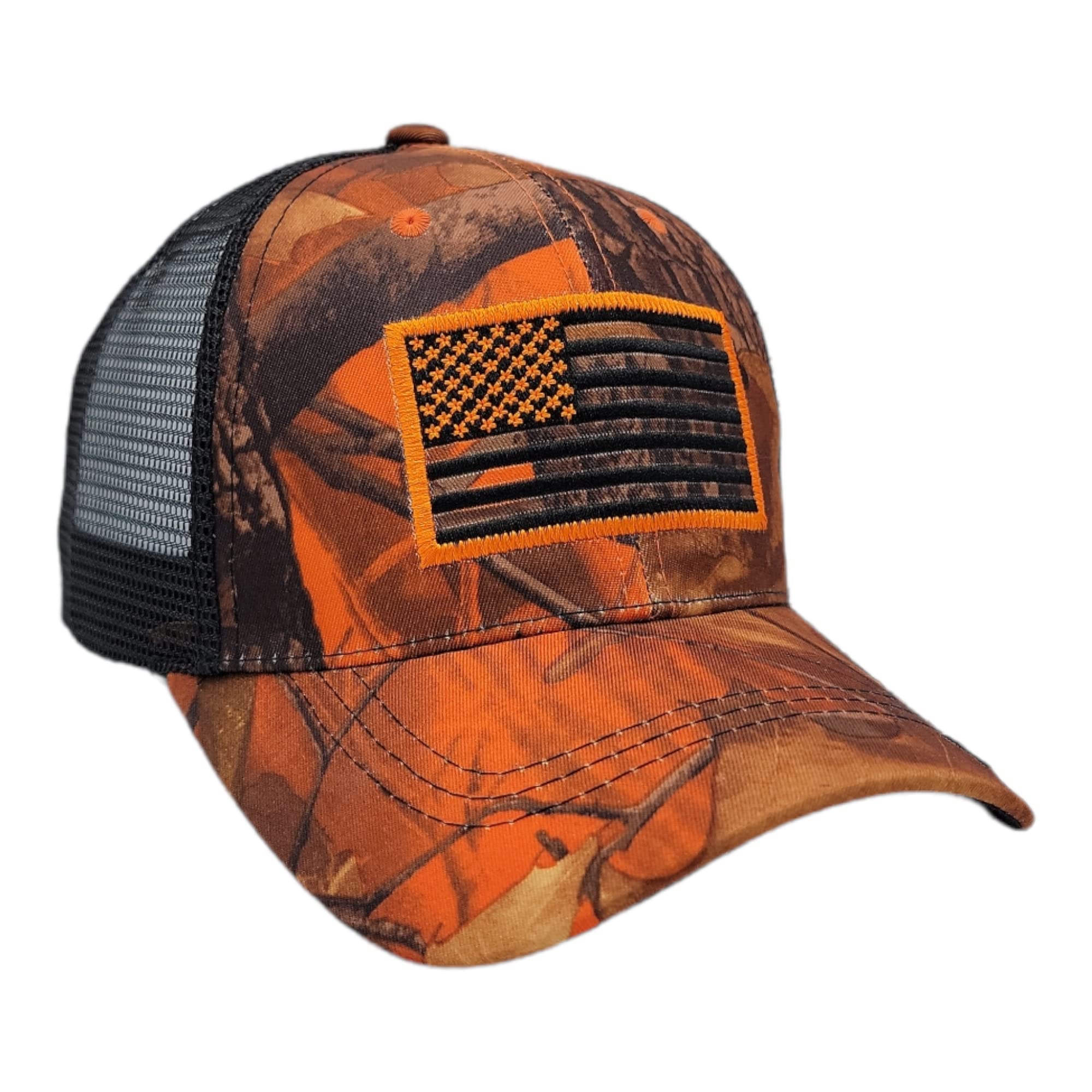 USA Flag EST 1776 Patriotic Mesh Trucker Hat - Lightweight Breathable Baseball Cap for Men & Women (Orange Tree Camo) - Perfect for 4th of July, Veterans Day, Outdoor Sports & BBQ Parties