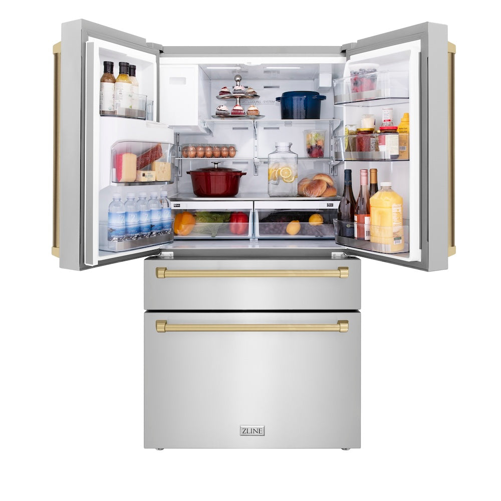 ZLINE Autograph Edition 36 Inch Counter Depth French Door Refrigerator - 21.6 cu ft Capacity, Fingerprint Resistant Stainless Steel with Champagne Bronze Handles, Built-in Water and Ice Dispenser (RFMZ W 36 CB) - Perfect for Modern Kitchens, Open Concept Homes, and Entertaining Spaces