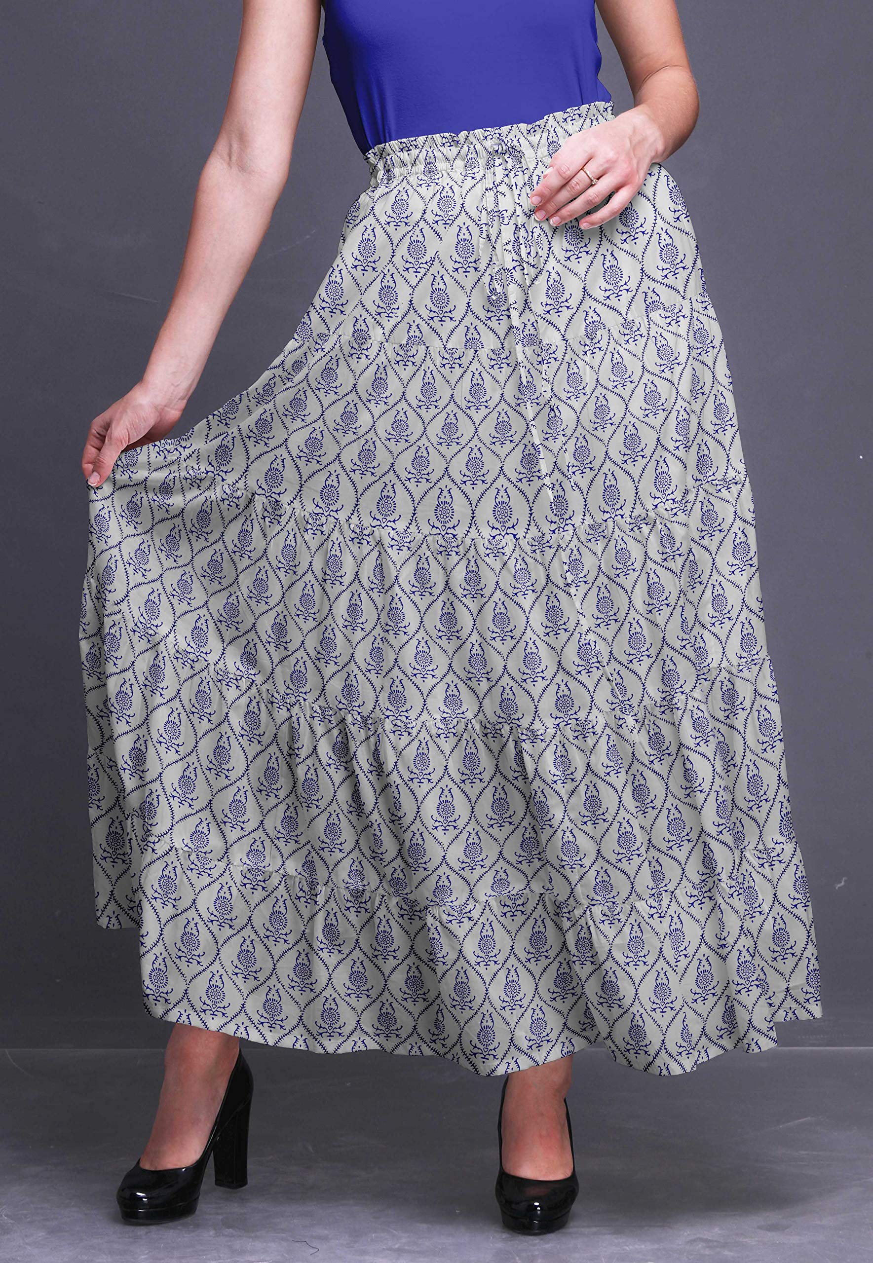 Bimba Printed Long 5-Tier Cotton Skirt for Women - Boho Maxi Skirt with Floral Design, Comfortable & Stylish for Beach, Vacation, and Summer Outfits