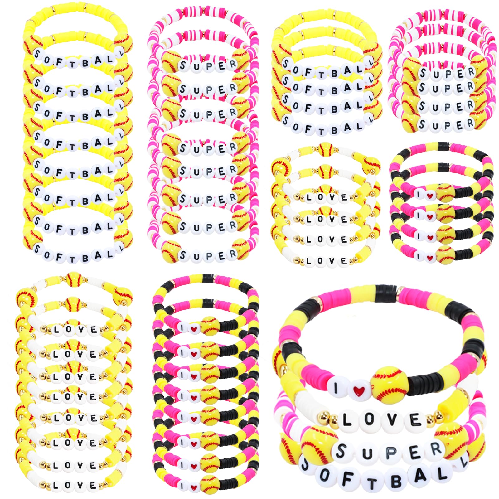 48pcs Sports Charm Bracelets - Adjustable Beaded Ball Clay Bracelets for Soccer, Softball, Basketball Players | Perfect Sports Gifts for Teens & Adults | Great for Game Days, Team Events & Fan Accessories
