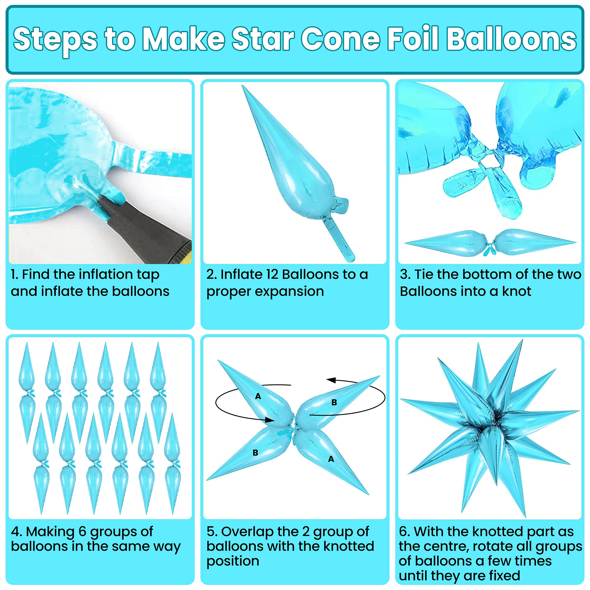 100 Pieces 26-Inch Big Blue & Silver Star Balloons | Premium Starburst Balloons for Party Decorations - Baby Showers, Bachelorette Parties, Weddings & Birthday Celebrations | Durable Cone-Shaped Balloons with Explosion Point Design