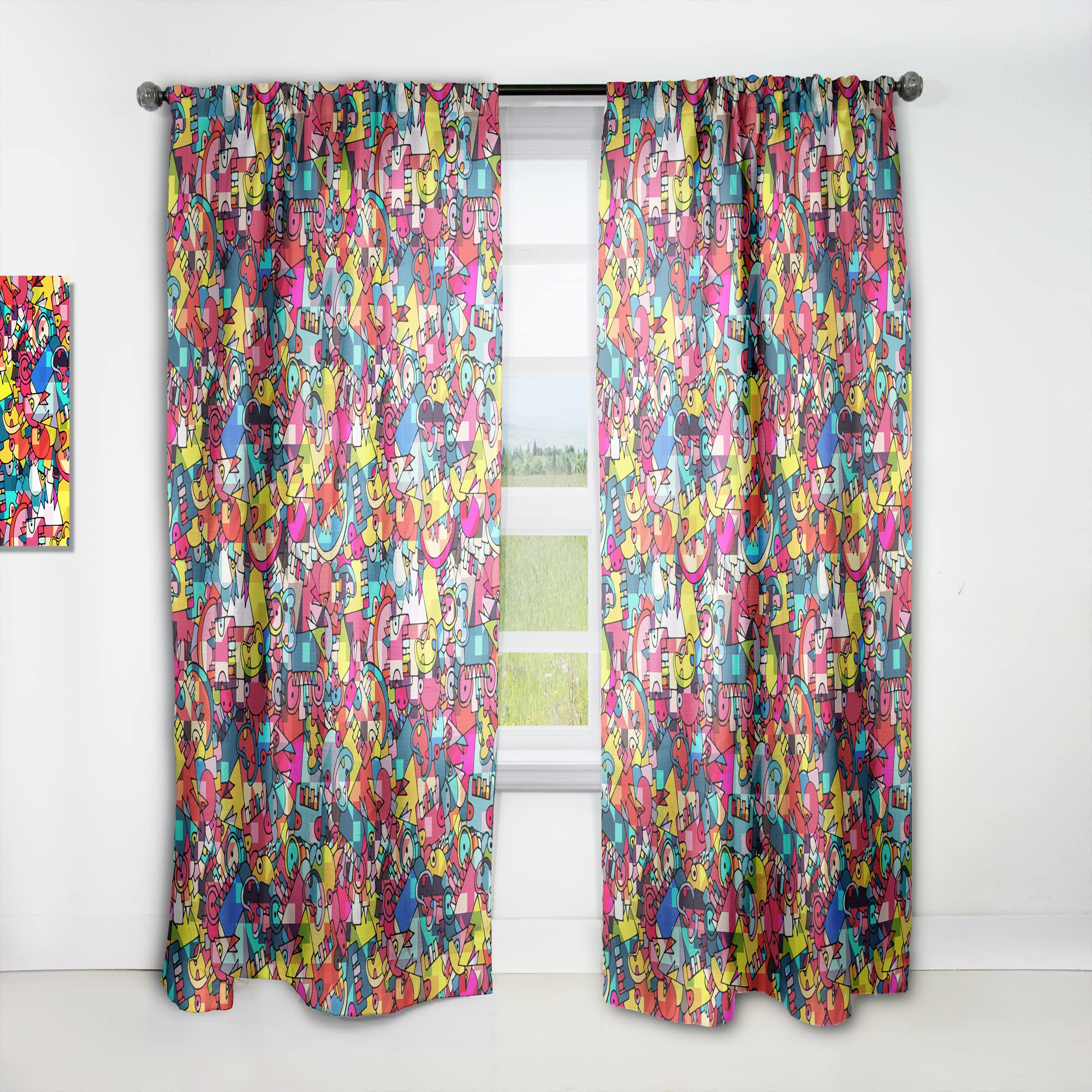 DesignQ Abstract Geometric Monster Print Blackout Curtains - Thermal Insulated Single Panel (52x84 inches) for Bedroom & Living Room - Perfect for Home Decor, Privacy & Light Control