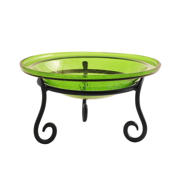 Fern Green Crackle Glass Birdbath Bowl for Garden Decor - Handmade Outdoor Bird Feeder with Crackled Texture, Perfect for Attracting Birds to Your Backyard or Patio