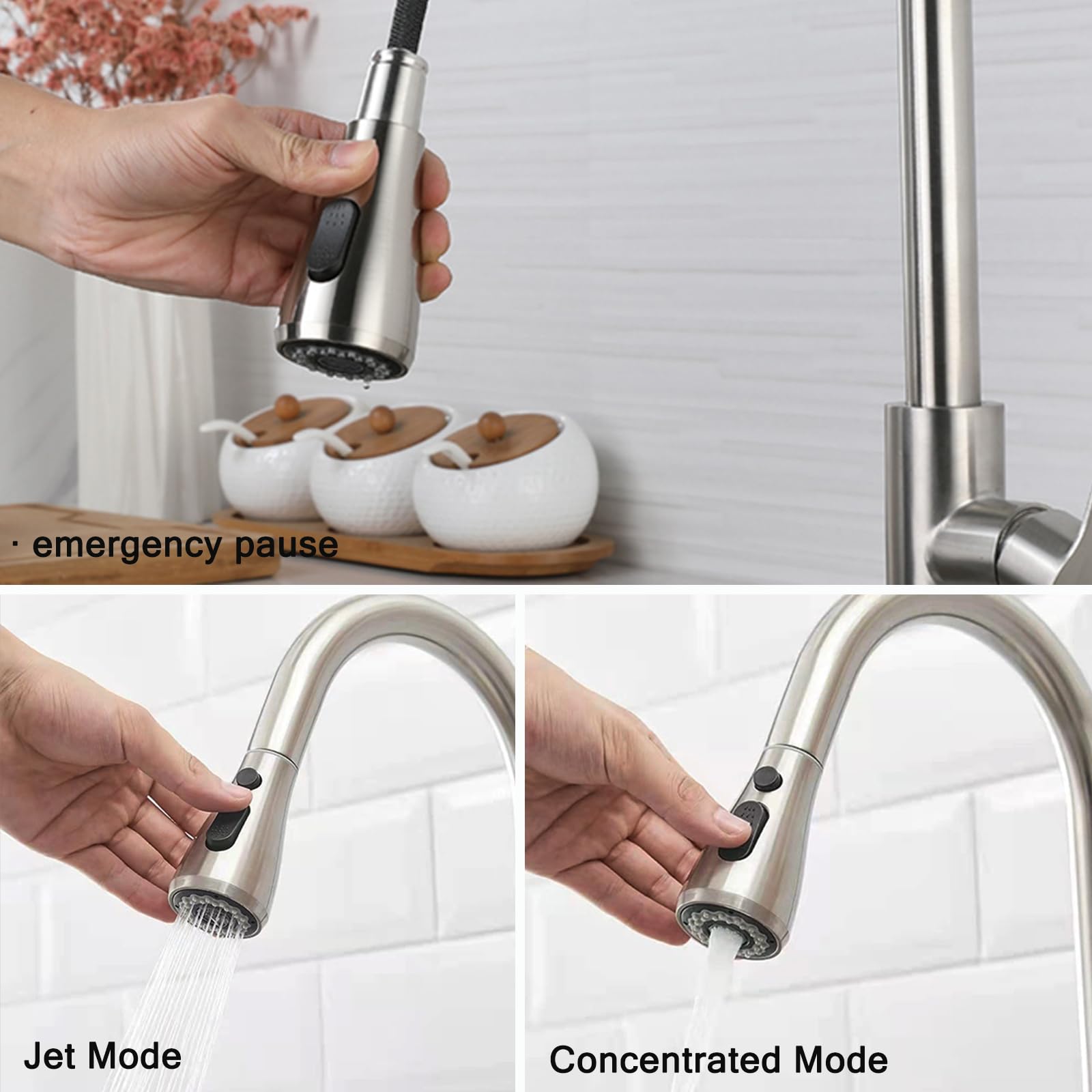 LKUWEE 360° Swivel Pullout Kitchen Faucet, Stainless Steel Brushed Nickel, Hot and Cold Water Tap with 2 Hoses, Ideal for Modern Home Kitchens