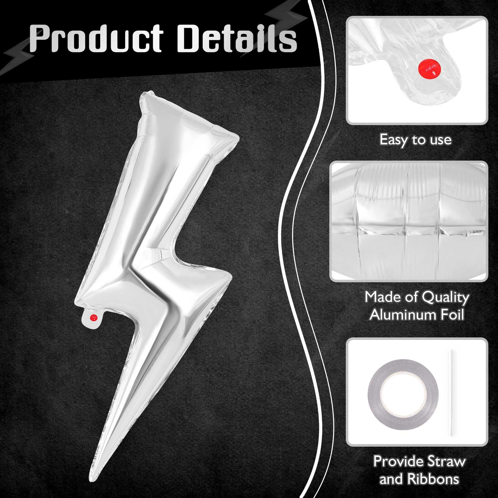 6 Pcs Large Lightning Balloon Set - 36 Inch Silver Lightning Bolt Foil Balloons for Birthday Parties, Baby Showers, Weddings & Electric Themed Events - Perfect for Decorations, Photo Backdrops & Party Supplies