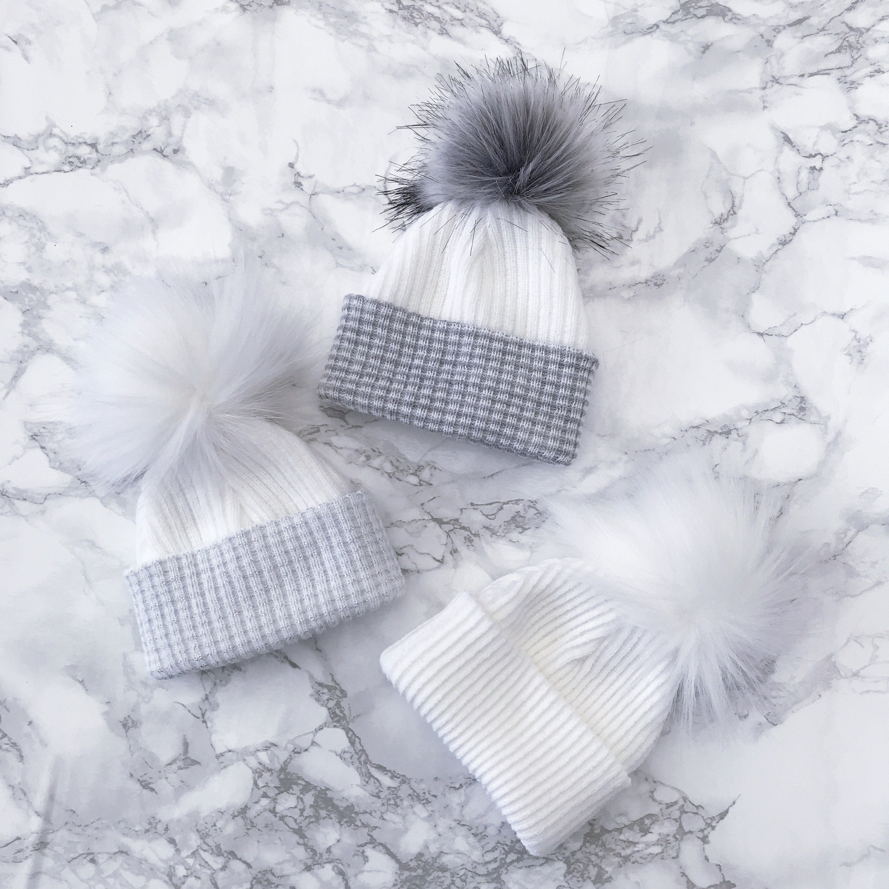 Grey & White Faux Fur Pom Pom Hat - Winter Beanie for Women - Cozy Knit Hat with Faux Fur Ball - Perfect for Cold Weather, Snow Days & Outdoor Activities
