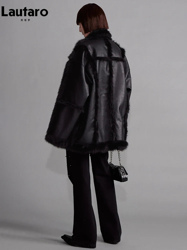 Luxury Women's Faux Sheepskin Coat - Soft Fluffy Jacket for Winter, Warm Thick Black Outerwear, Loose Fit Designer Coat | Perfect for Cold Weather, Casual Outings & Stylish Layering