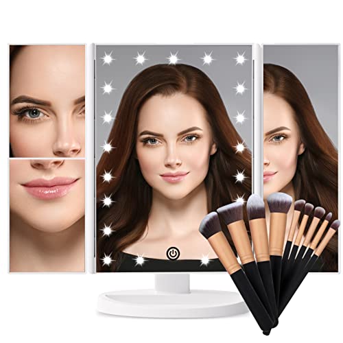 Professional Trifold Makeup Mirror with LED Lights & Brush Set - Adjustable Vanity Mirror for Precise Makeup Application (White) - Perfect for Home Beauty Station, Travel & Professional Makeup Artists
