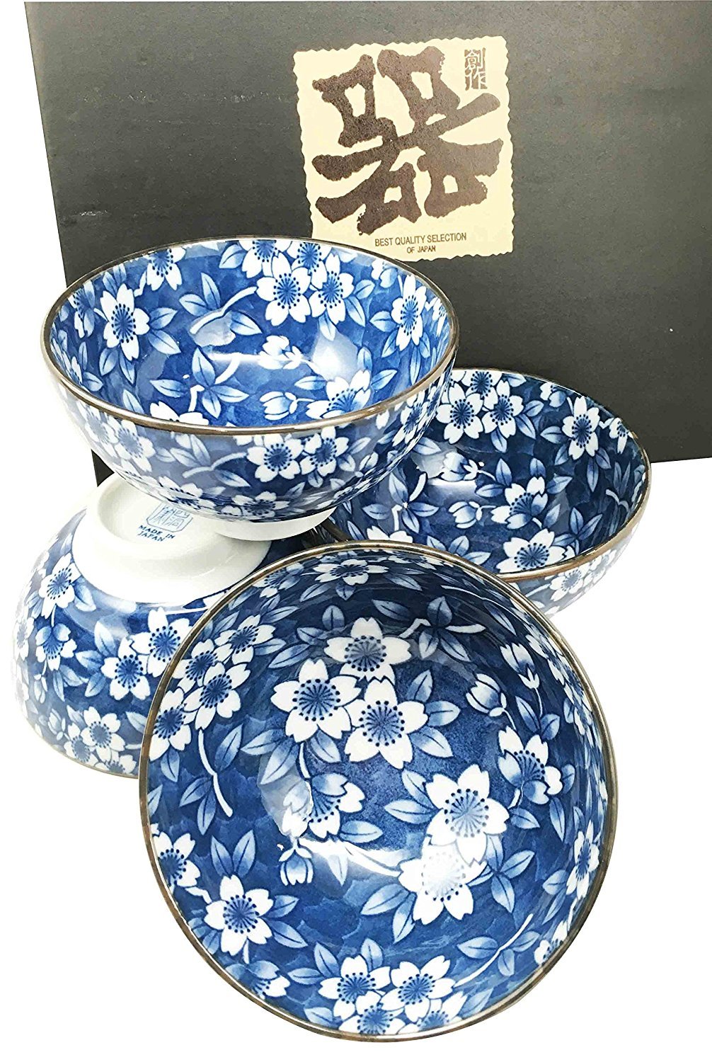 Premium Japanese Blue Multi-Pattern Glazed Ceramic Rice & Soup Bowl Set - 4.5