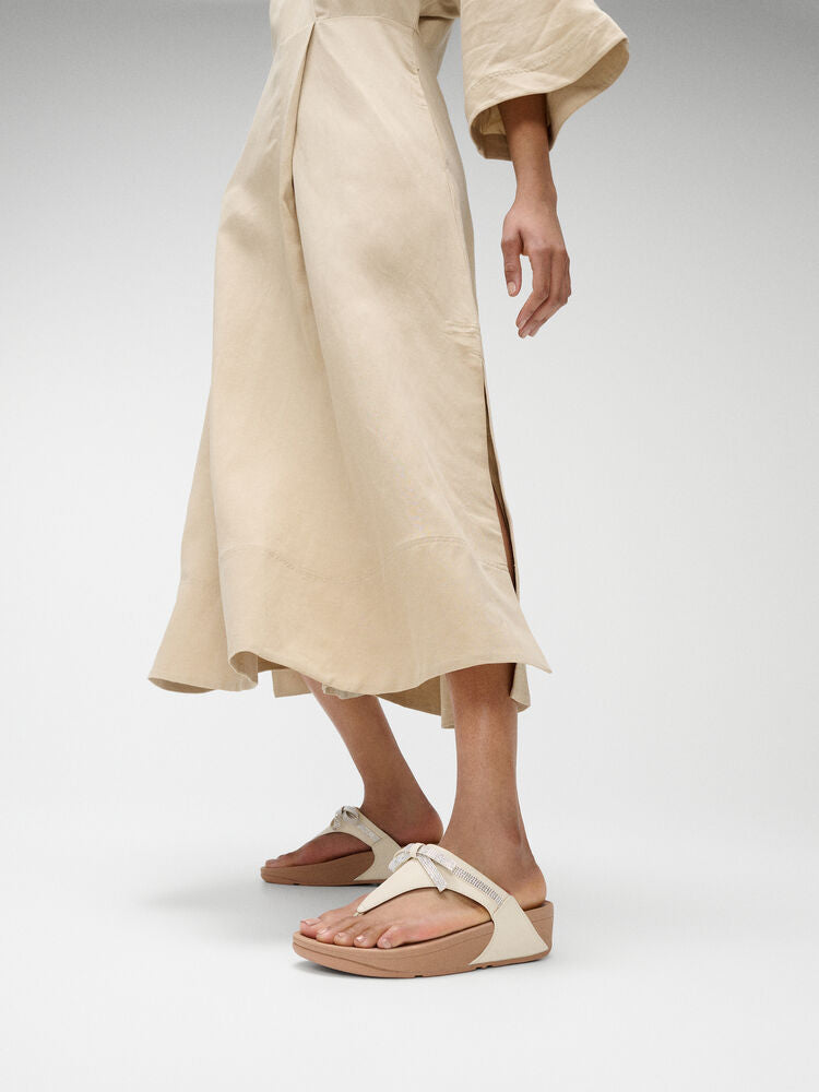 FitFlop Lulu Glitz Bow Leather Sandals for Women - Comfortable Slide Sandals with Arch Support | Paris Beige | Perfect for Summer, Beach, and Casual Outings