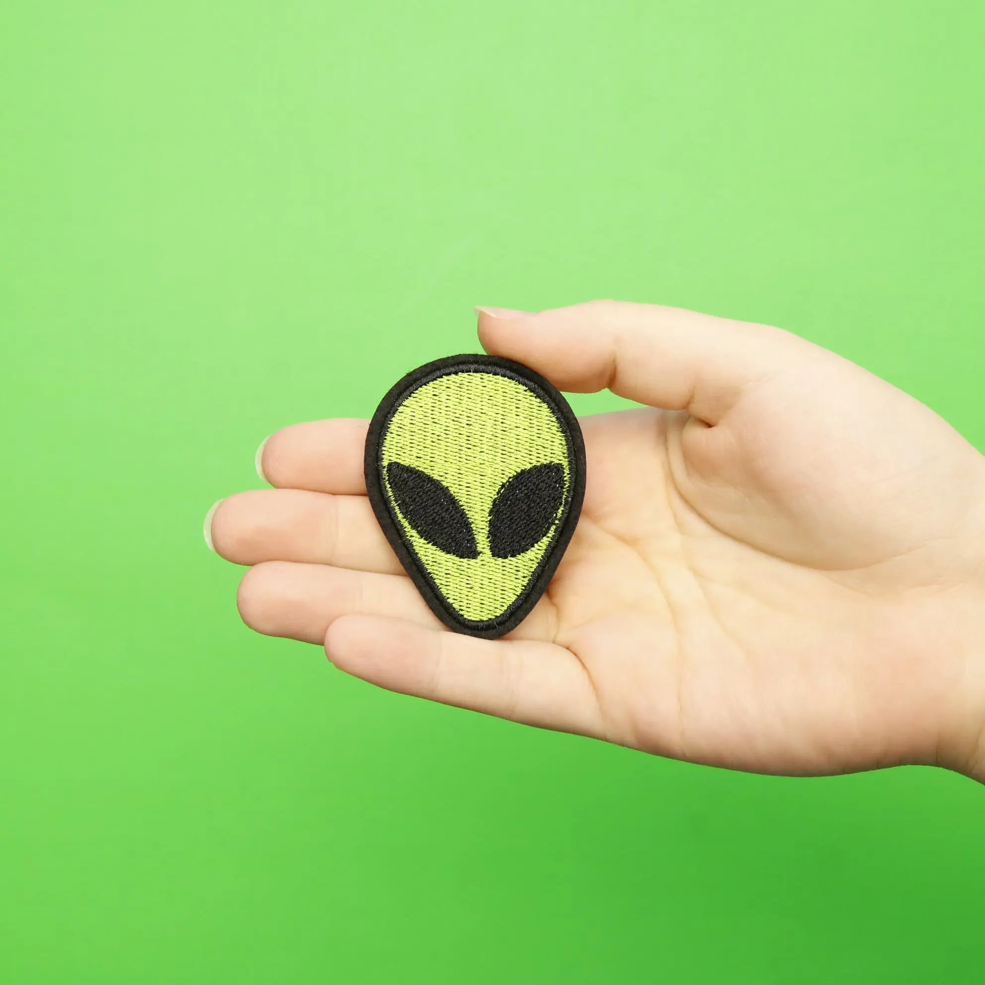 Green Alien Head UFO Space Embroidered Iron-On Patch for Jackets, Hats & Backpacks - Fun Outer Space Accessory for Costumes & DIY Crafts