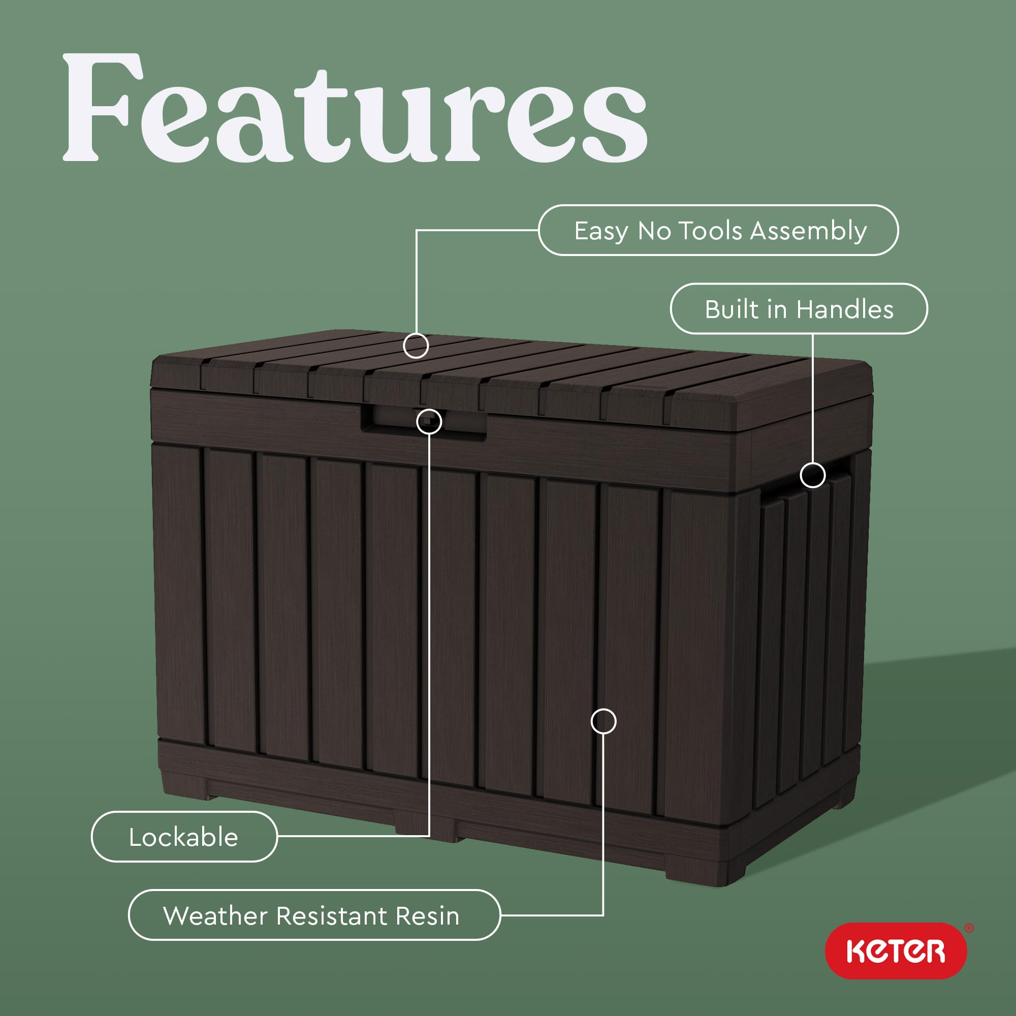 Keter Kentwood 50 Gallon Resin Deck Box - Outdoor Storage Organizer for Patio Cushions, Garden Tools & Pillows - Weatherproof Deck Box for Backyard, Porch & Poolside - Brown