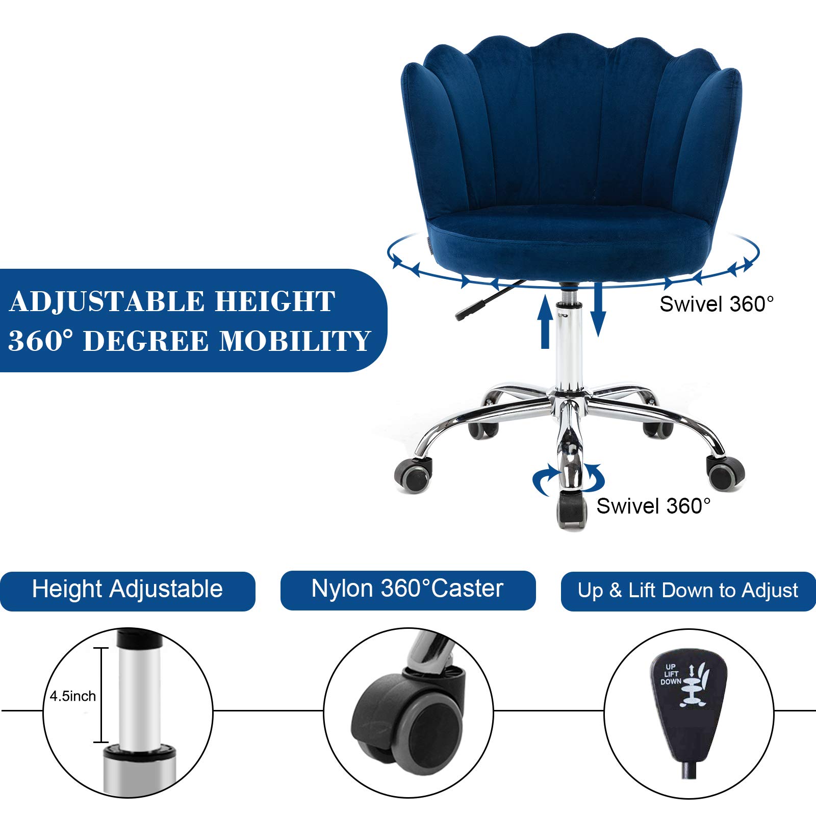 Velvet Desk Chair with Wheels - Modern Swivel Adjustable Height Upholstered Office Task Chair for Home, Living Room & Vanity - Elegant Blue Velvet Fabric for Comfort & Style - Perfect for Work, Study & Relaxation