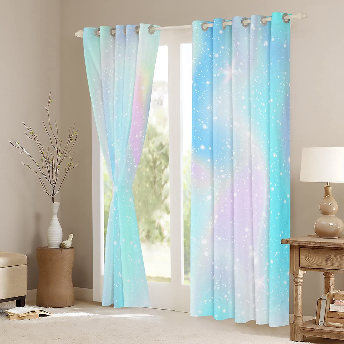 Rainbow Ombre Pastel Tie Dye Window Curtains - 2 Panels Set for Girls Room Decor (42
