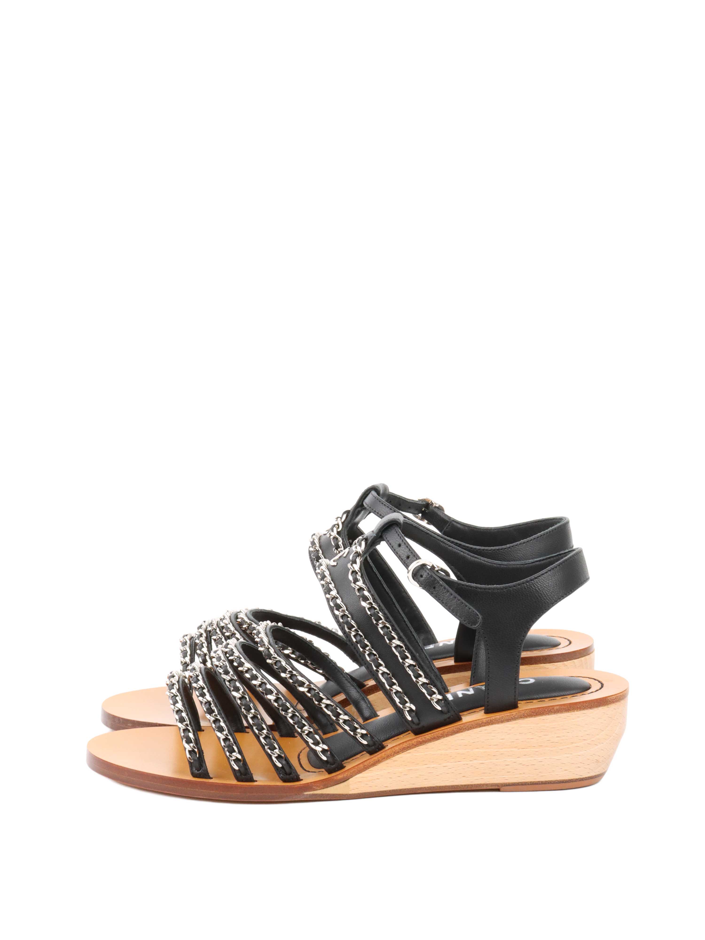 Chanel Women's Wooden Wedge Chain Sandals Size 38 - Luxury Designer Summer Sandals for Beach, Vacation & Casual Outfits
