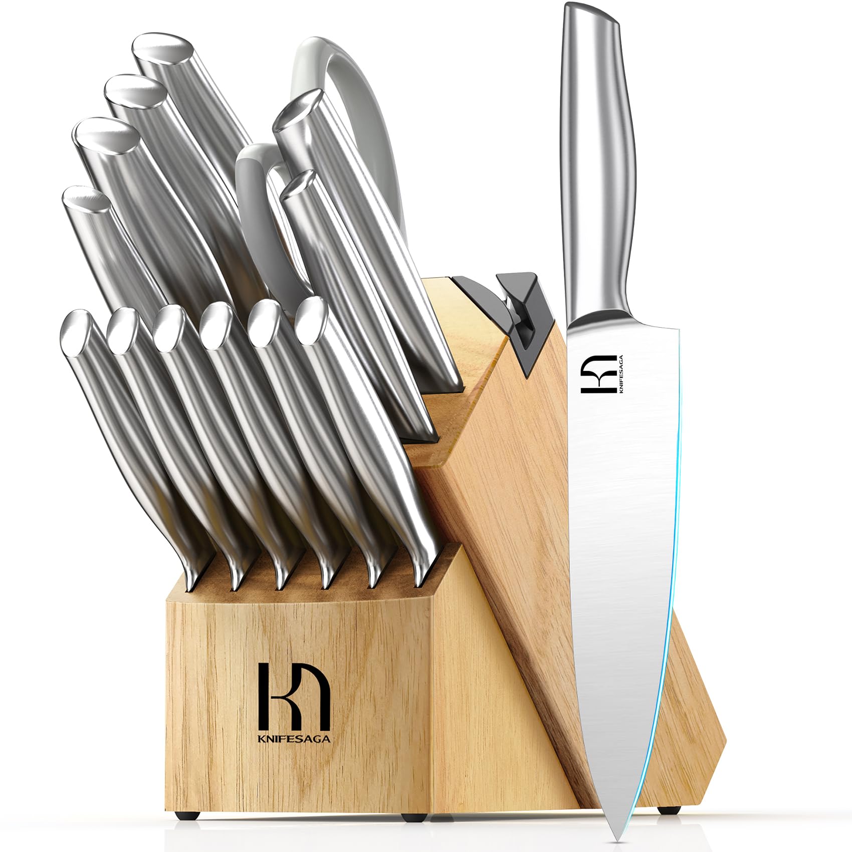 Premium 14-Piece Japanese High Carbon Stainless Steel Knife Set with Block & Built-in Sharpener - UltraSharp Kitchen Knives Including Non-Serrated Steak Knives for Cooking, Slicing, and Food Prep