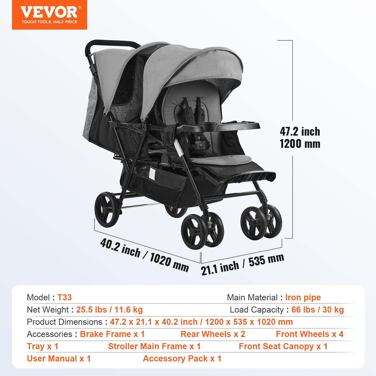 VEVOR Double Stroller for Toddlers - Lightweight Side by Side Baby Stroller with Adjustable Canopy & Storage Basket - Perfect for Twins, Siblings, or Daycare Use at Parks, Malls, and Outdoor Adventures