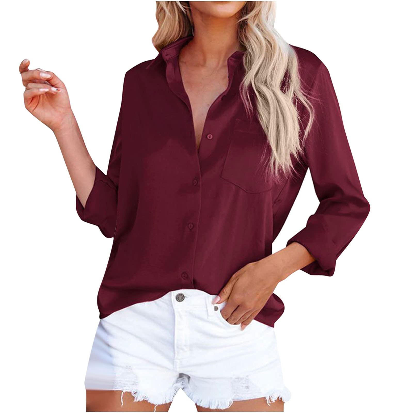 Women's Long Sleeve Blouse - Single Breasted Loose Fit Lapel Shirt Tops for Women | Office Wear, Casual Outfits & Gift Ideas