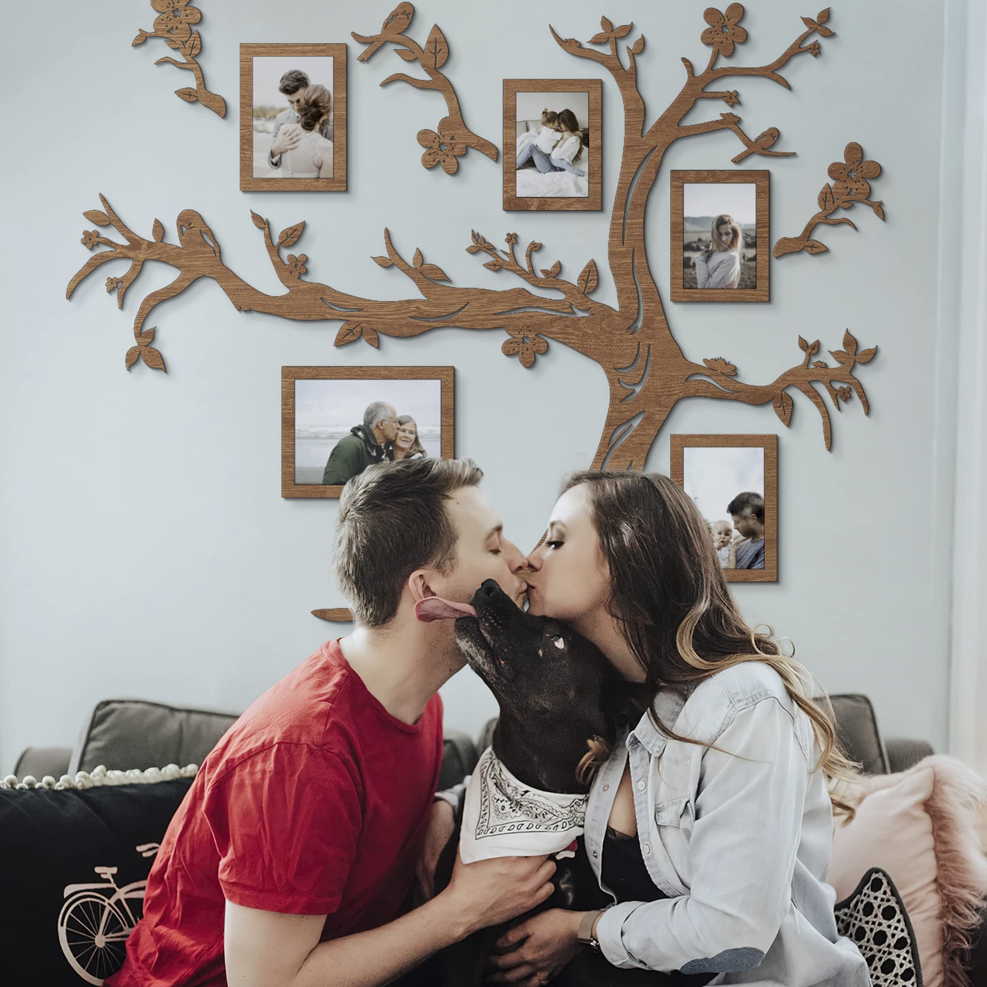78x61 Inch Personalized Collage Wooden Family Tree with Photo Frames - Custom Home Decor for Bedroom & Living Room - Light Walnut Wood Wall Art - Perfect for Family Reunions & Housewarming Gifts